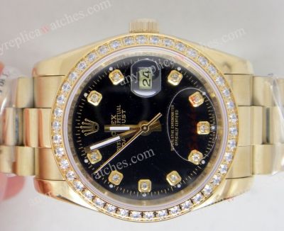 Rolex Datejust Replica Watch - Gold Presidential Band Diamond Bezel Black Face